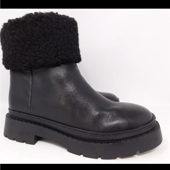 Marc Fisher LTD Size 6 Women’s Leather Boot Vina Faux Fur Black Ankle Bootie Lug - Picture 1 of 12